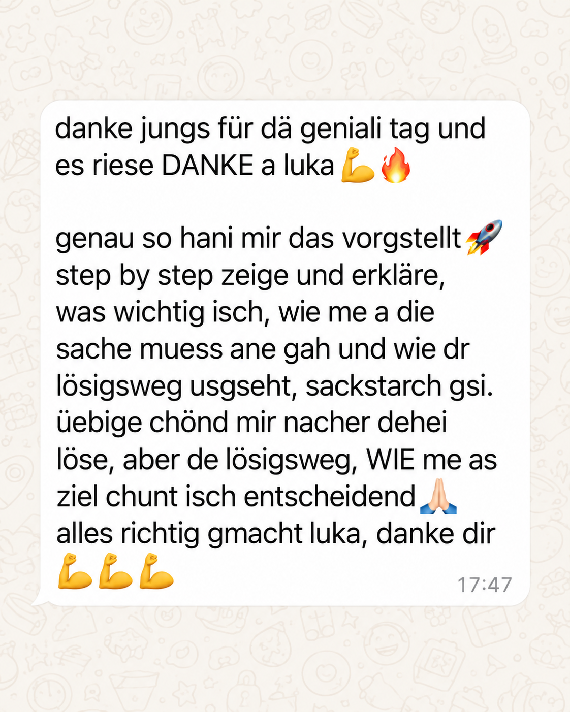 Testimonial-Nachricht einer Kursteilnehmerin nach dem Unterricht